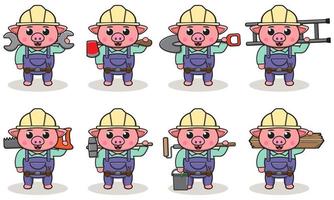 Cute cartoon of Pig being a handyman with big tools. vector