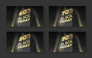 Set template for sale and discount BLACK FRIDAY with volumetric letters, building and spotlight. Sixty, seventy, eighty, ninety percent off. Vector Illustration for flyer, banner, cards, shop, ad.