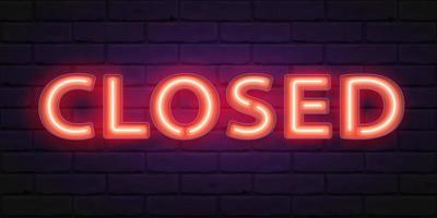CLOSED sign with red neon glow on brick wall background. Vector 3D illustration with typography. Lettering for design sign on door of shop, cafe, bar or restaurant, banner, web.