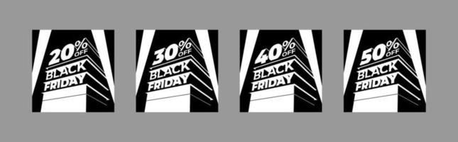 Set of monochrome illustrations for BLACK FRIDAY sale with volumetric letters. Discount twenty, thirty, forty, fifty percent. Vector template for flyer, advertising, shop, business, cards.
