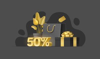 Special offer fifty percent discount. Set of realistic 3D objects for sale banner, shop, flyer, social media, website. Vector illustration with plant, shopping bag, price tag, gift box, gold ribbon.