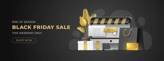 Website slider for BLACK FRIDAY sale with copy space. Monoblock, gold card, shopping bag, gift box on isolated background. Vector template for banner, mobile, social media, ad, discount store, shop.