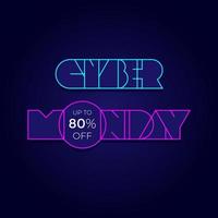 Neon square letters Cyber Monday in cyberpunk style on dark blue background. Vector template for banners and sale offers.