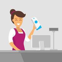 Smiling cashier at the checkout. Buying groceries in the store. Vector illustration of a flat style. Payment of purchases at the grocery store.