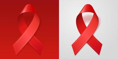 Red ribbon is symbol of HIV AIDS awareness. Realistic 3d ribbon on red and white isolated background. Vector template for web design, logo, icon.