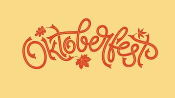 Oktoberfest logotype with maple leaf. Beer Festival vector banner. Illustration of Bavarian festival design with floral wreath. Vector lettering for logo, poster, card, postcard, banner.