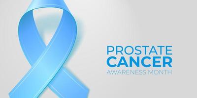 Realistic blue ribbon with copy space on light gray background. Prostate cancer awareness. Medical banner with copy space. Editable vector illustration for poster, card, banner.