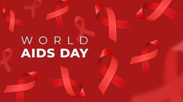 Copy space and realistic red 3d ribbons on red background. Illustration for WORLD AIDS DAY. HIV awareness symbol. Vector template for medical website, social media, poster, invitation, flyer.