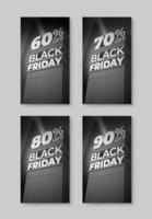 Set of vertical monochrome template for sale and discount BLACK FRIDAY with volumetric letters. Sixty, seventy, eighty, ninety percent off. Vector illustrations for card, flyer, business, ad, shop.