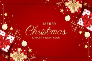merry christmas and happy new year greeting card with realistic red decoration vector