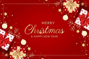 merry christmas and happy new year greeting card with realistic red decoration vector