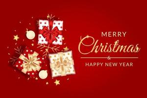 merry christmas and happy new year greeting card with realistic red decoration vector