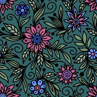 Emerald seamless vector background with pink and blue flowers