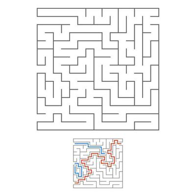 Abstract square maze. Game for kids. Puzzle for children. Labyrinth conundrum. Black flat vector illustration isolated on white background. With answer.