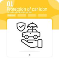 Protection of car icon with outline style isolated on white background. Vector illustration thin line car icon for web design, ui, ux, transportation, applications, transport, mobile apps and other