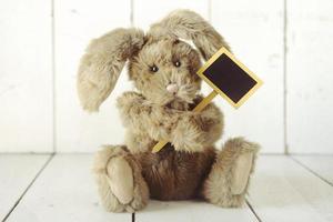 Oso de peluche como conejito casero sobre fondo blanco de madera foto