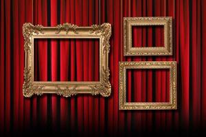 Red Stage Theater Curtains With 3 Hanging Gold Frames photo