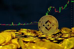 Binance coin cryptocurrency on pile gold coins at computer trading chart background photo