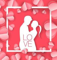 Love and Valentine day, Lovers stand in the meadows and a paper art heart shape balloon floating in the sky. craft style. vector