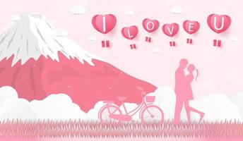 Love and Valentine day, Lovers stand in the meadows and a paper art heart shape balloon floating in the sky. craft style. vector