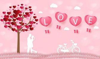 Love and Valentine day, Lovers stand in the meadows and a paper art heart shape balloon floating in the sky. craft style. vector