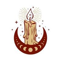 Melting candle on crescent illustration for esoteric theme. Mystic boho design symbol. vector