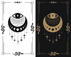 All seeing eye with half moon and stars for esoretic theme design template in two colors vector