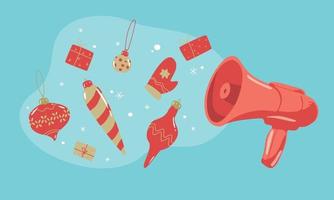 Megaphone announces merry Christmas. Speaker with gifts and xmas deduce. winter vibes. New year concept idea. X mas is coming. vector