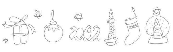 X-mas one line. 2022 line art. merry Christmas Set with bauble and gift. socks continuous line. outline winter.