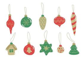 Christmas baubles Set in doodle style. Xmas glitter ball hand drawn, cartoon. Dekoration for c was and new year. vector