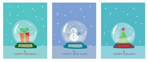 X-mas postcard set with bauble. Merry Christmas Poster with, snow globe. new year greetings card in doodle style. vector