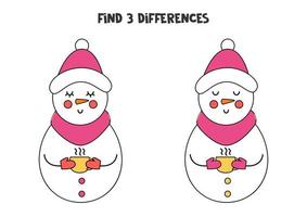 Encuentra 3 diferencias entre dos muñecos de nieve de dibujos animados. vector