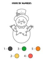 muñeco de nieve de dibujos animados lindo color por números. hoja de trabajo para niños. vector