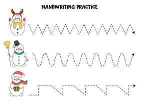 Tracing lines with cute cartoon snowmen. Writing practice. vector