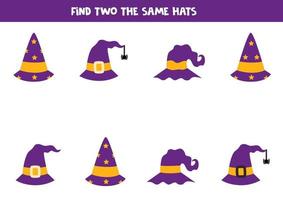 Find two identical Halloween hats. Educational game for preschool children. vector