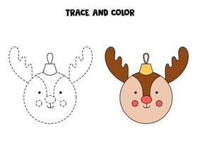 Trace and color cartoon Christmas bauble. Worksheet for kids. vector