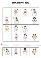 Sudoku game for kids with cute cartoon snowmen. vector