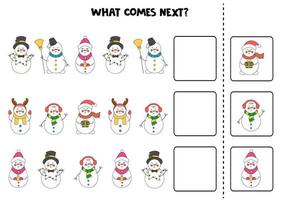 What comes next game with cute Christmas snowmen. vector
