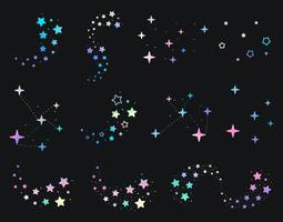 Set of assorted sparkling stars and multicolored constellations on black background vector