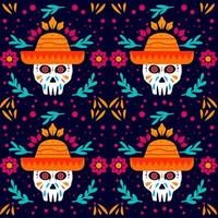 patrón de dia de muertos dibujado a mano con sombrero de uso de calavera vector