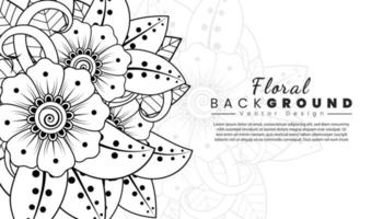 fondo con flores mehndi. líneas negras sobre fondo blanco. banner o plantilla de tarjeta vector