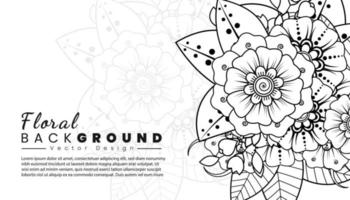 fondo con flores mehndi. líneas negras sobre fondo blanco. banner o plantilla de tarjeta vector