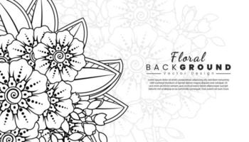 fondo con flores mehndi. líneas negras sobre fondo blanco. banner o plantilla de tarjeta vector