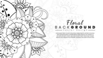 fondo con flores mehndi. líneas negras sobre fondo blanco. banner o plantilla de tarjeta vector