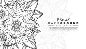 fondo con flores mehndi. líneas negras sobre fondo blanco. banner o plantilla de tarjeta vector