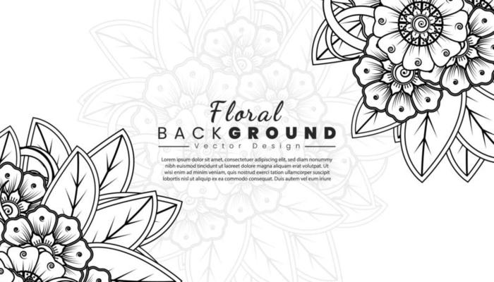 Background with mehndi flowers. Black lines on white background. Banner or card template