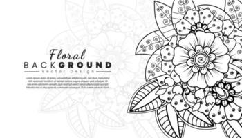 fondo con flores mehndi. líneas negras sobre fondo blanco. banner o plantilla de tarjeta vector