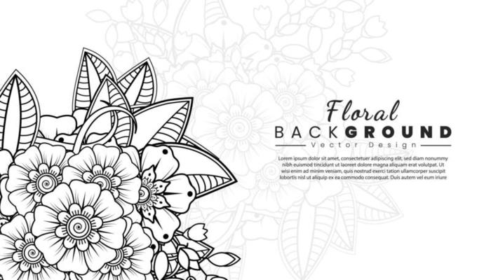 Background with mehndi flowers. Black lines on white background. Banner or card template