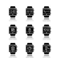 Fitness tracker functions drop shadow black glyph icons set vector