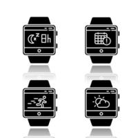 Fitness tracker functions drop shadow black glyph icons set vector